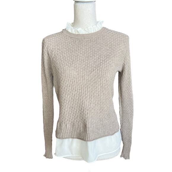 Sioni Tan ruffle Neck Sweater ribbed preppy mixed media heather mocha academia - Picture 2 of 8